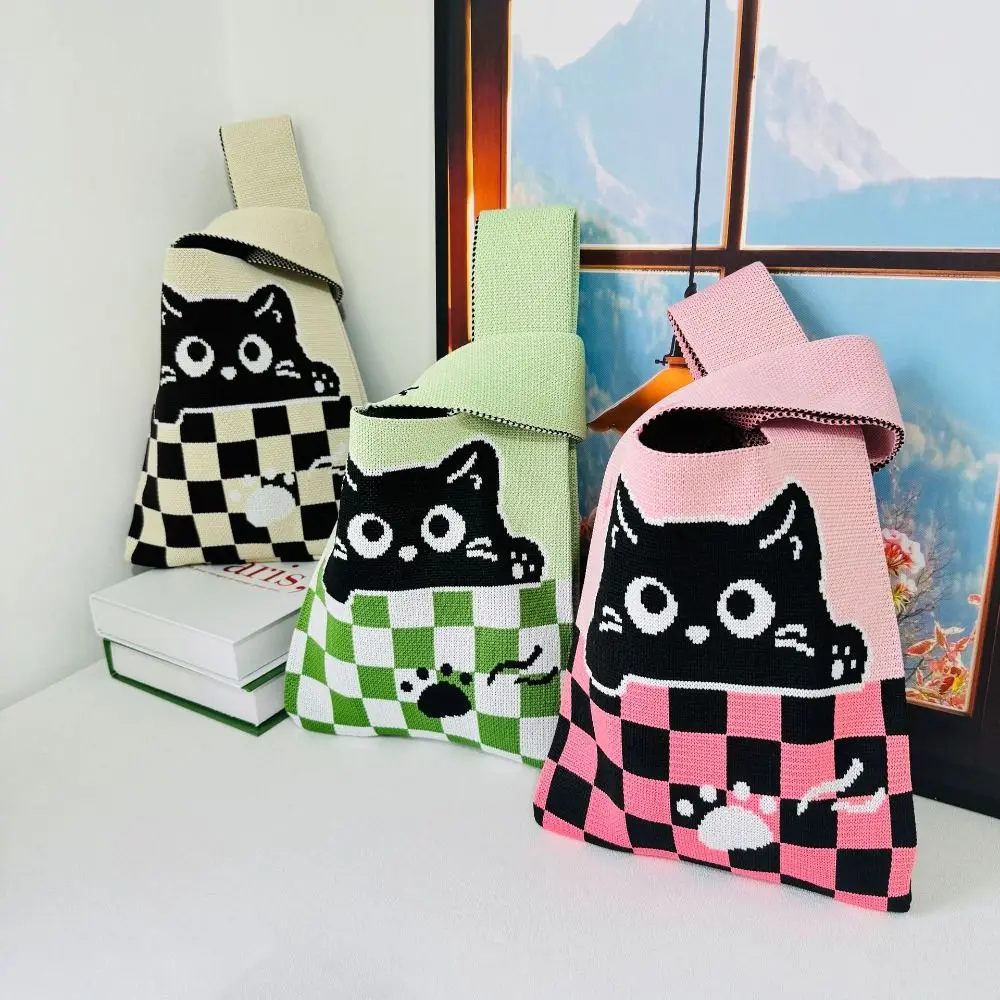 Cute Cartoon Cat Knit Handbag Women Knot Wrist Bag Casual Color Wide Tote Bag Student Shopping Bag For Women