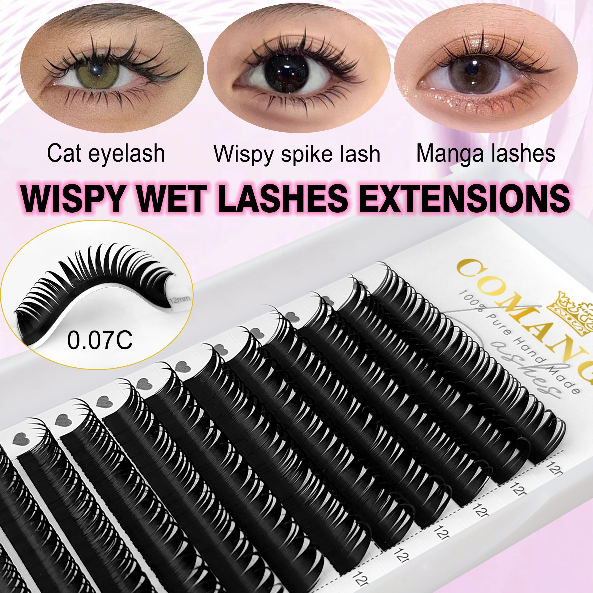 CoMango Wet Lashes Extension Flexible Natural Dark Black 8-15mm C/D Spikes Lash Cosplay Anime Manga Flat Premade Cluster Makeup