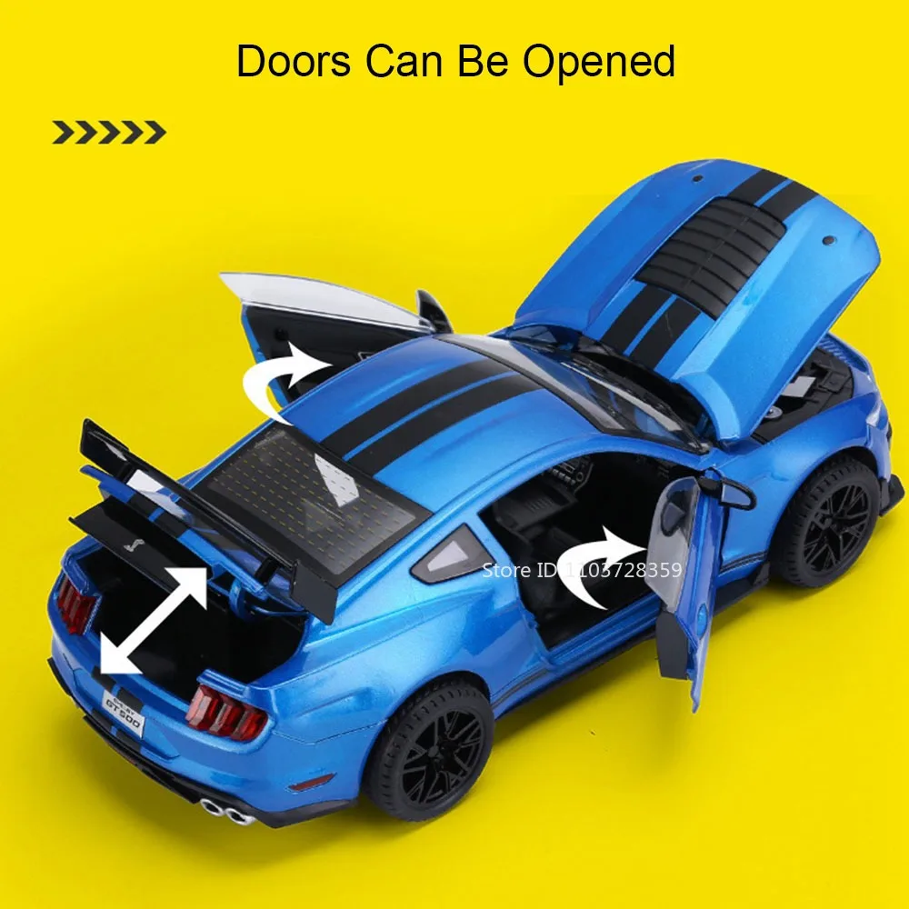Maßstab 1:18 Mustang GT500 Spielzeug-Supercar-Modelle, Legierung, Druckguss, GTR-Sportwagen, Tonlicht, Türen geöffnet, zurückziehen, für Kindergeschenke