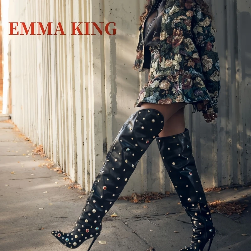 النساء حجر الراين الفخذ أحذية عالية مثير أشار تو الخناجر فوق الركبة أحذية السيدات فستان فاخر أحذية بوتاس دي Mujer