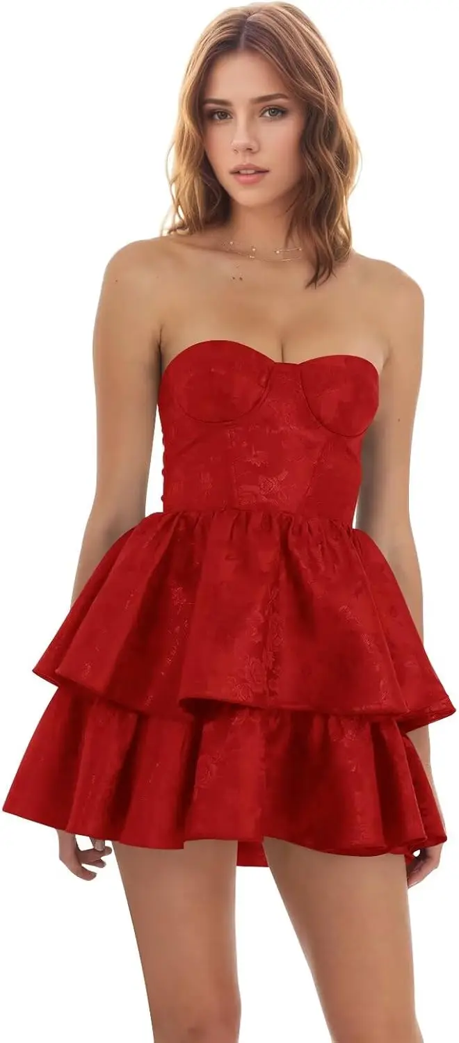 

Strapless Homecoming Dresses 2026 Short Satin Jacquard Mini A-Line Prom Cocktail Gowns for Teens Party Graduation Dress