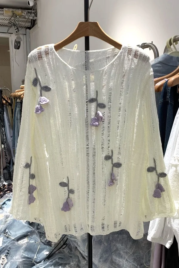 

Нежный ажурный пуловер, свитер 2024, ранняя осень, вязаные свитера с длинными рукавами и круглым вырезом, тонкий модный повседневный топ