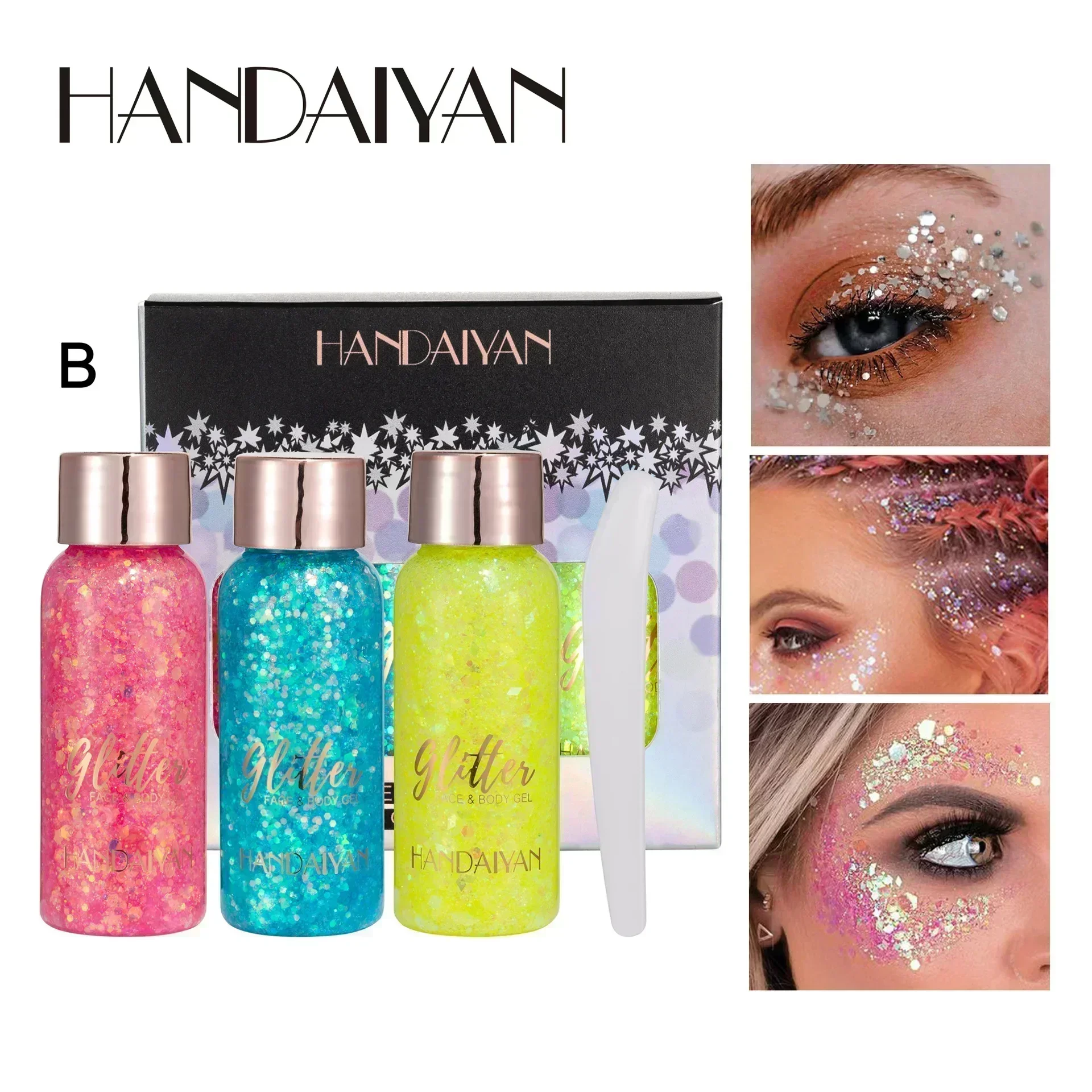 3 Pieces Glitter Body Sequins Gel Set Shining Bright Multi-function Eye Shadow Face Body Gel Fashion Party Festival Gift 32ml*3