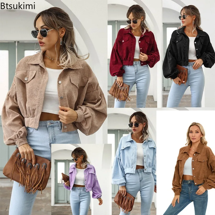 

2025 Spring Autumn Corduroy Short Jacket Women Loose Tops Turndown Collar Lantern Sleeve Casual Coat Lady Streetwear Outerwear