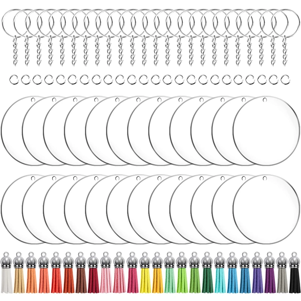 40pcs Key Ring Acrylic Blanks Keychain Tassels Set Round Clear Arylic Keychain Blanks Key Rings with Chain Jump Rings for DIY