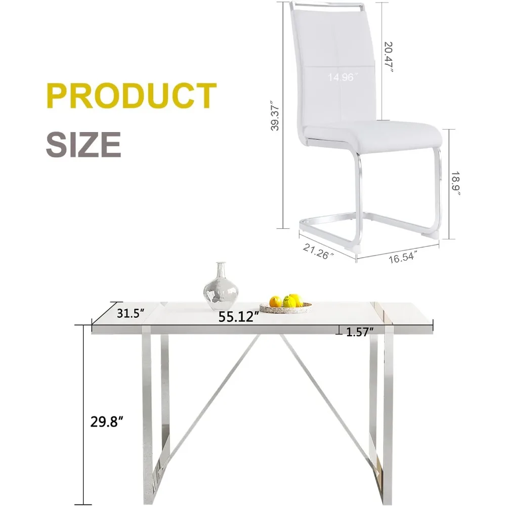 5 Piece Dining Room Set, White Rectangular MDF Kitchen Table and Leather Chairs Set of 4, Dining Room Set