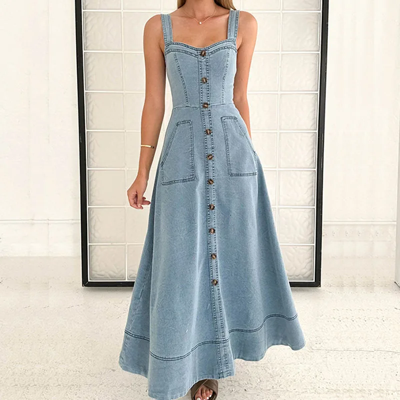 Summer Suspenders Hollow Pockets A-line Dress Elegant Off Shoulder Waist Long Dresses Female V Neck Single Breasted Denim Dress