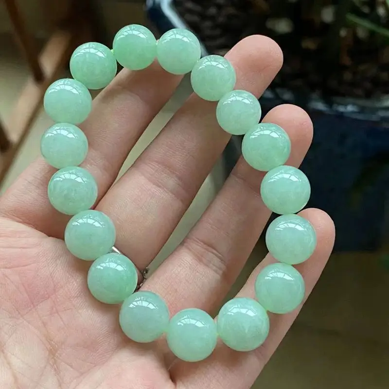 Natural a Cargo Burma Jadeite Bracelet Ice-like Glue Sweet Green Full Color Bead Necklace Men's and Women's Bracelets 10mm