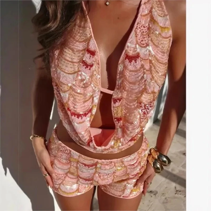 

Club Sequined Beach Shorts Sets Cowl-neck Sleeveless Lace Up Hollow Out Backless Top Short 2 Pieces Sets Summer Shiny Outfits