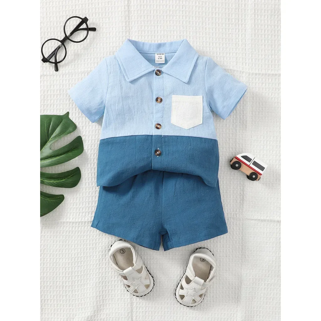 2PCS Summer Toddler Boy Clothing set Color Block Matching Short Sleeve Suit Fashion Handsome Party Outfit for Baby Boy 0-3 Years