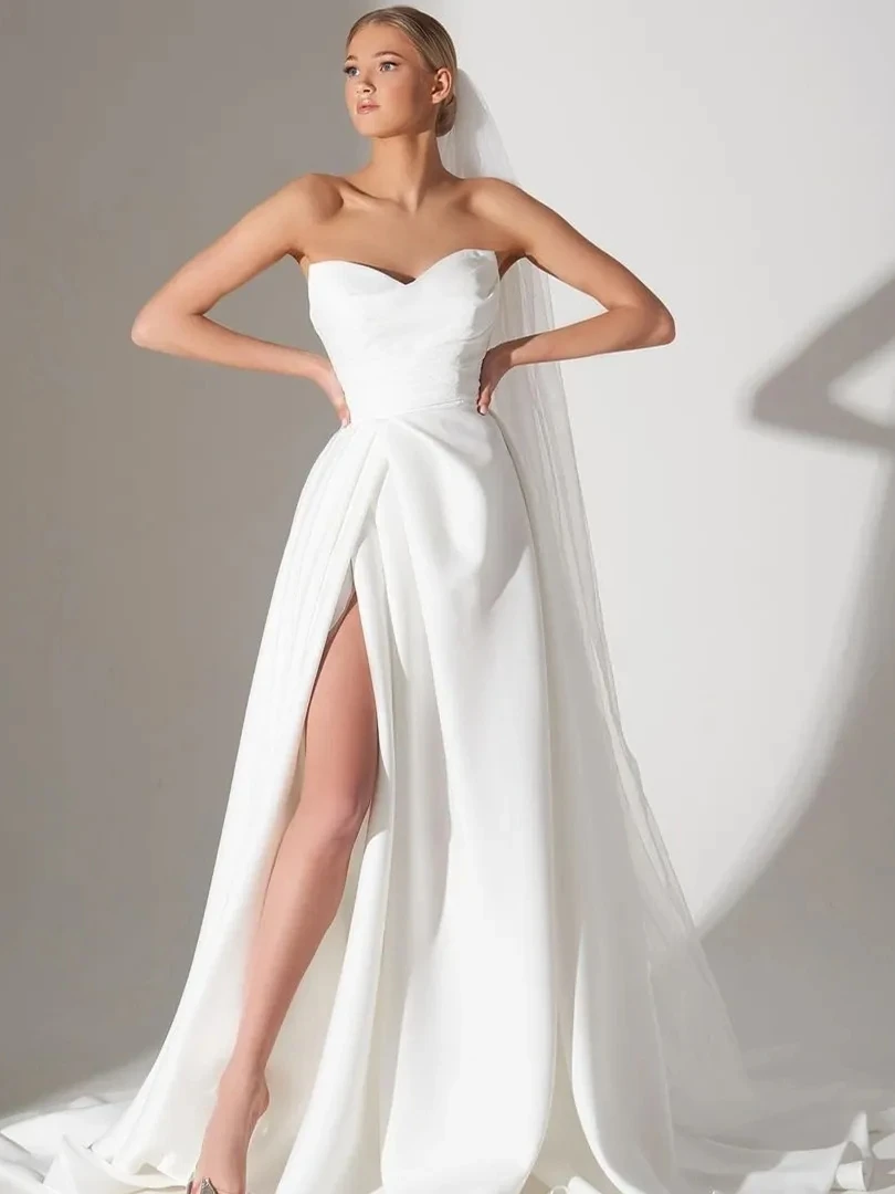 

Simple Sexy Wedding Dresses Side Slit Strapless Bridal Gowns Sleeveless Elegant Robes For Formal Party Satin Vestidos De Novia