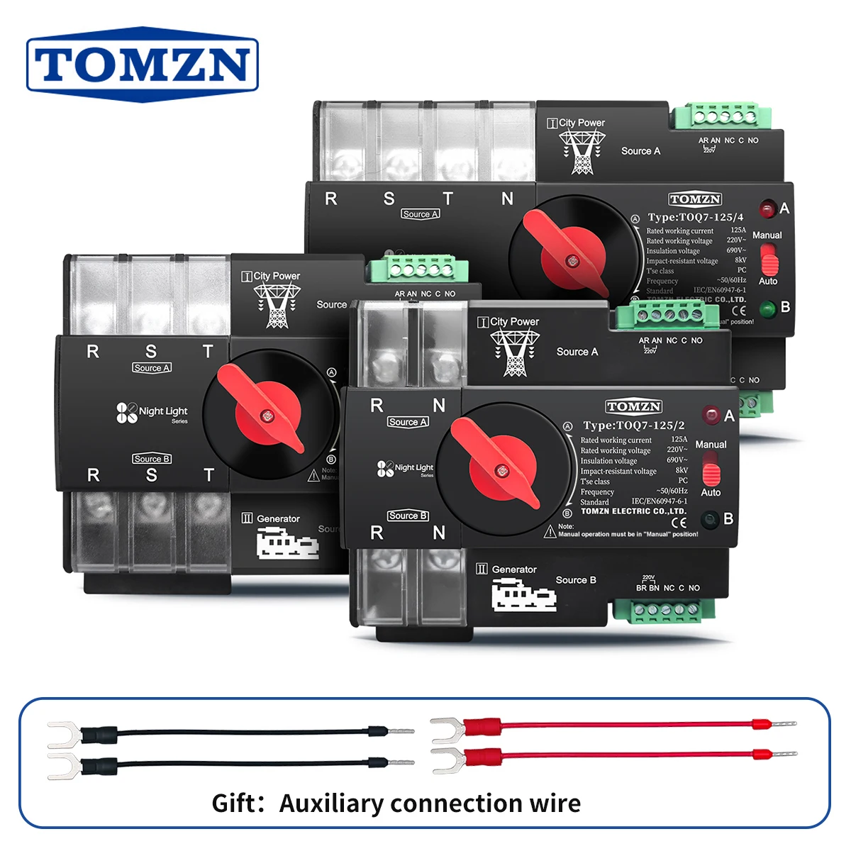 TOMZN Przełącznik Automatyczny Zasilania na Szynę DIN 2P 3P 4P ATS Podwójny Wybór Źródła Zasilania Nieprzerwane Zasilanie 230V 63A 100A 125A Mini