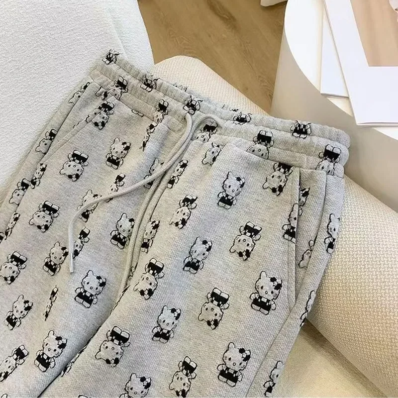 New Anime Kawaii Sanrio Hello Kitty Sweatpants Girl Japanese Cute Print Loose All Match Trousers Autumn Wide Leg Pants Gift