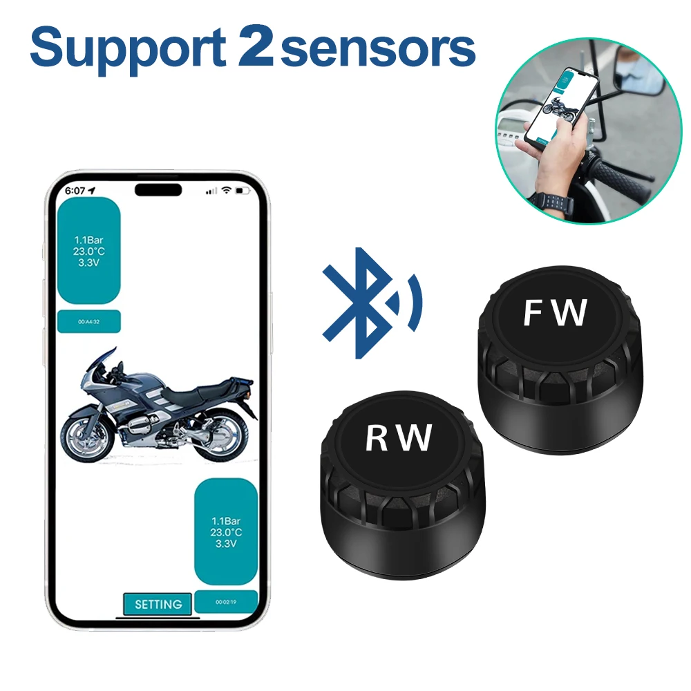 Sensores de Pressão dos Pneus da Motocicleta, Sistema de Monitoramento TPMS, 2 Sensor Externo para Motor, Compatível com Bluetooth