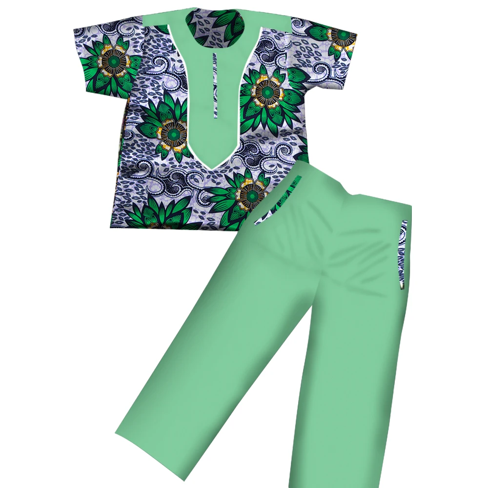 Boys Clothes African Dashiki Kids Clothing Short Sleeves Plus Solid Color Long Pant for Children Top Pants Suits WYT116