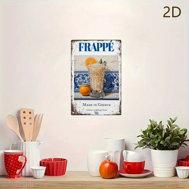 Retro Cafe and Home Decoration for Restaurants and Bedrooms - 1pc of Retro Greek Frappe Beverage Metal  drilled Holes
