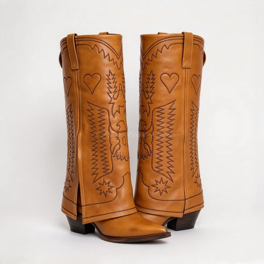 Women Color Block Embroidered Eagle Pattern Western Cowboy Cowgirl Boots Pointed Toe Chunky Heel Knee High Ladies Long Boots