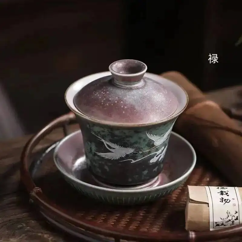 Japanese Kiln Change Color Ceramic Sancai Gaiwan Kung Fu Tea Set Household Tea Brewer Creative Crane Large Serving Tea Bowl