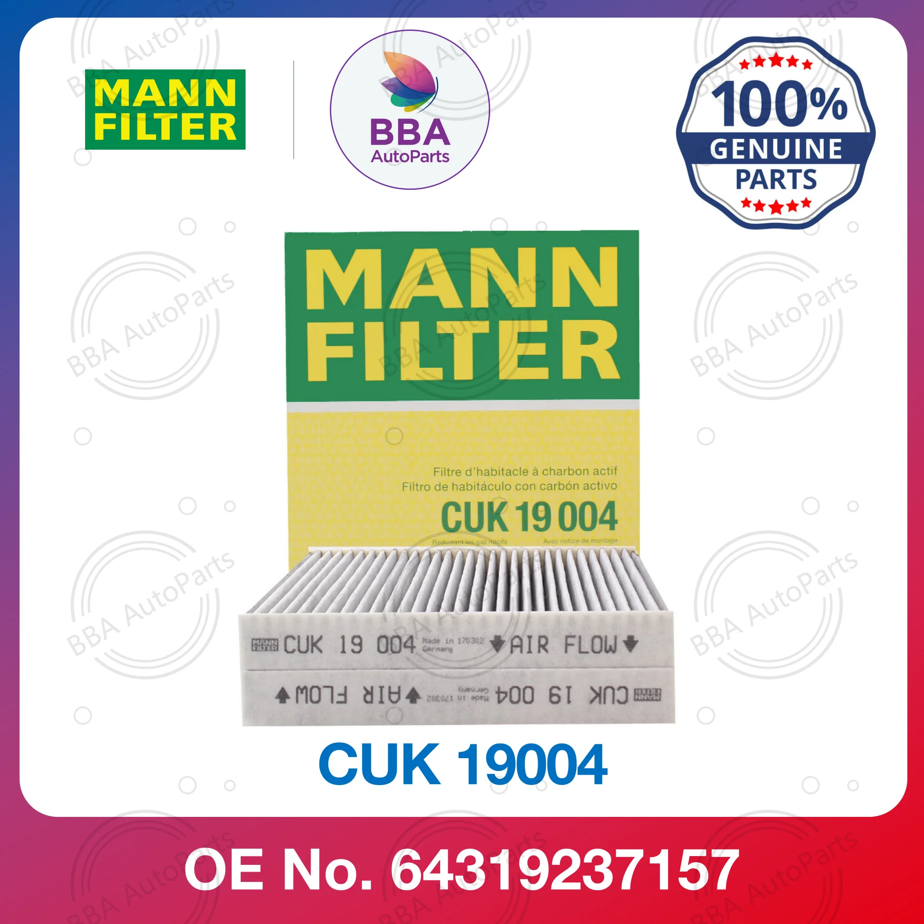 

Mann CUK19004 air conditioner filter for BMW X3 28i,20i,35i X4 28i,20i,35i with OE 64319312316 64312284827