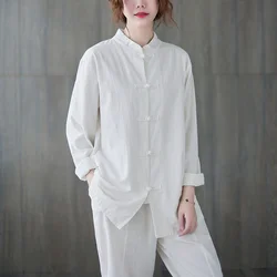 Chinese Style Cotton Linen Zen Tai Chi Suit Women Vintage Two Pieces China Traditional Shirt Pants Set Loose Casual Tang Suit