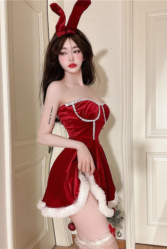 2023 Summer New Women\'s clothing Sexy Christmas New Year Chest wrapping Plush Waist retraction Solid color A-line Dress FMJI