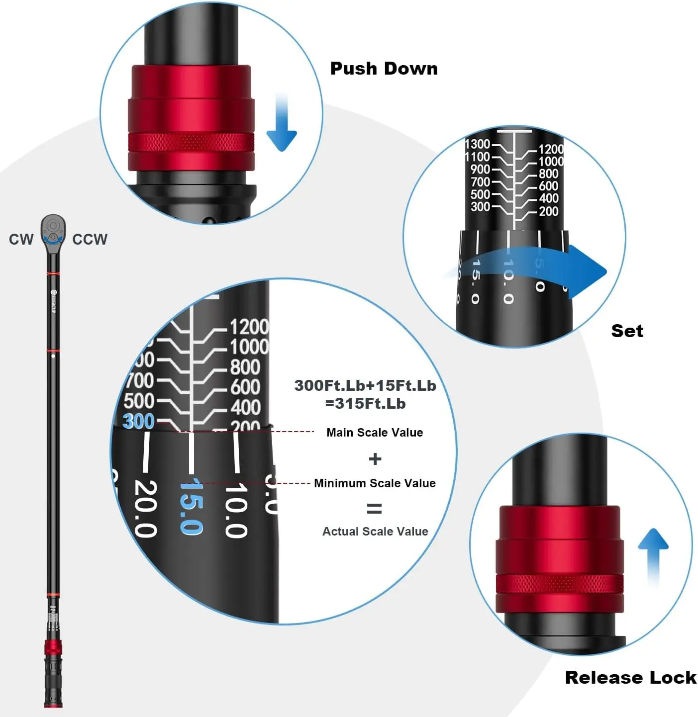 1-inch Drive Click Torque Wrench, 200-1300Ft-Lb/271-1761.5Nm, 48 Tooth Dual-Direction Click Torque Wrench with a Hex Key for Win