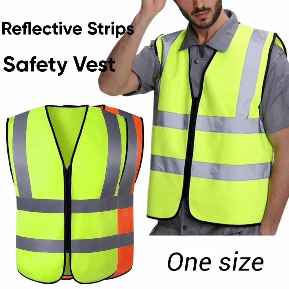 Durable High Visibility Safety Vest Front Reflective Strips Zipper Work Vest Working Clothes Warehouse
