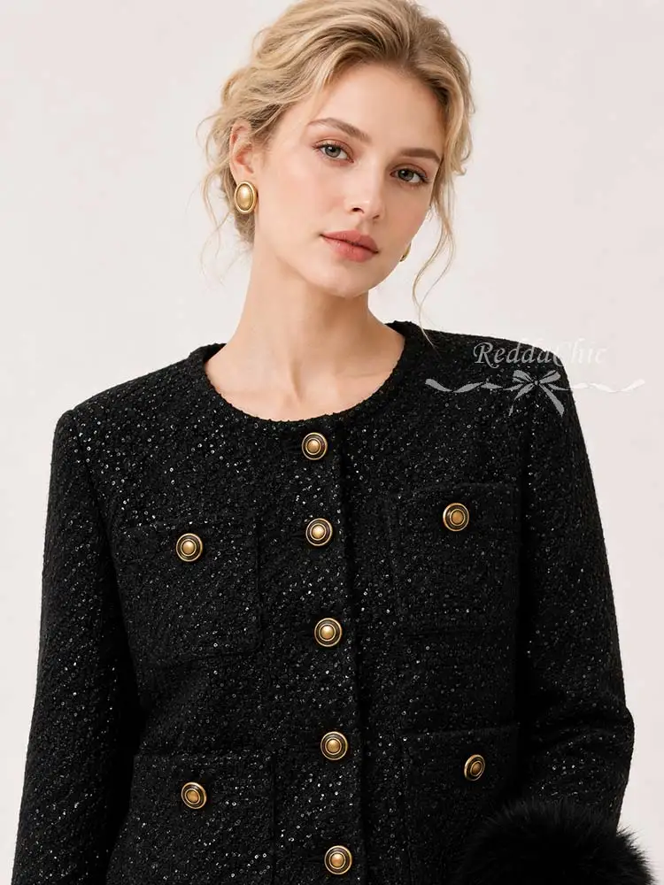REDDACHiC Faux Fur Cuffs Women Tweed Jacket Retro Button Down Collarless Long Sleeve Shiny Cargo Cropped Jacket Office Outwear