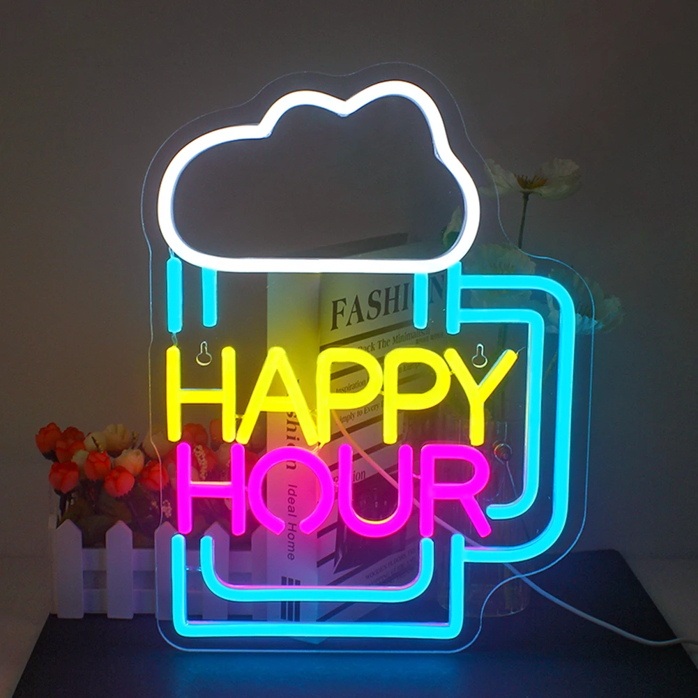 

Неоновые светодиодные вывески Happy Hour, украшение комнаты на день рождения с питанием от USB, неоновые светильники для украшения стен, лампы для декора магазина