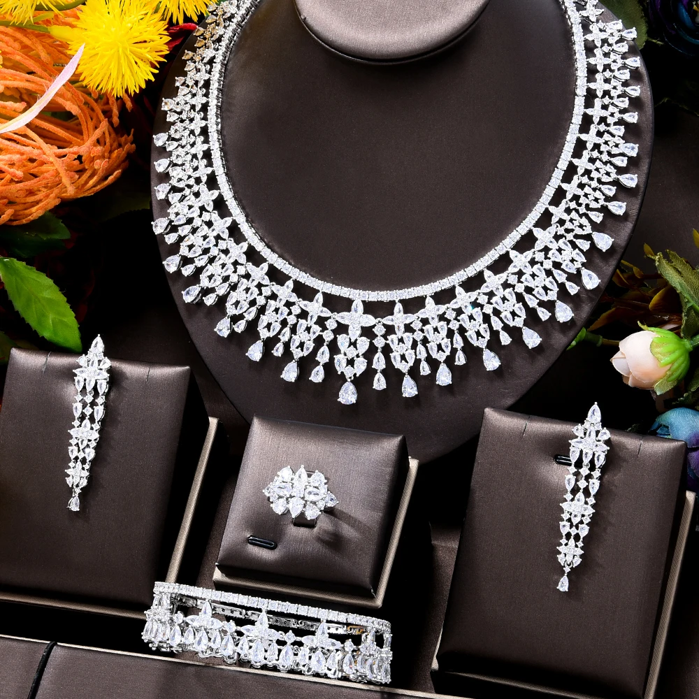 Missvikki New Luxury Gorgeous Shiny 4PCS Necklace Earrings Jewelry Set Women Wedding Sparkly Bridal Engagement High Quality