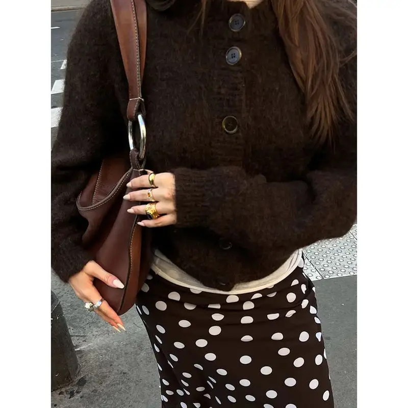 

Combhasaki Women Autumn Winter Loose Fit Sweater Cardigan Lantern Long Sleeve Button Up Round Neck Solid Color Knitwear Coats