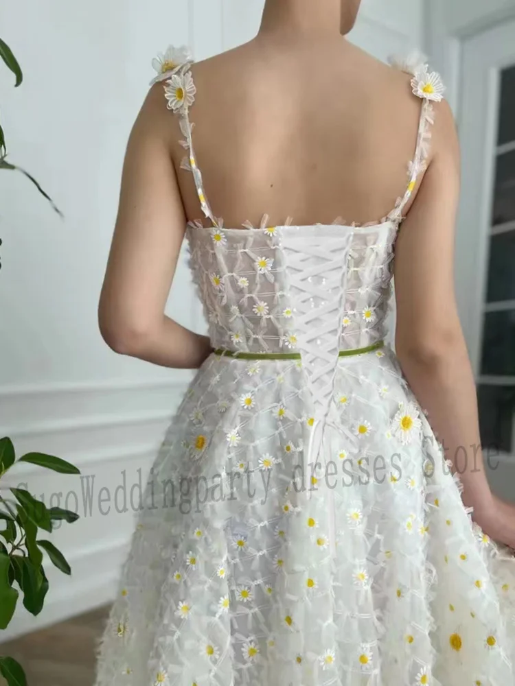 Daisy Lace Evening Dresses Wedding Party Prom Gowns for Woman Fashion Ivory A-Line Tea-Length Free shipping Birthday Dresses