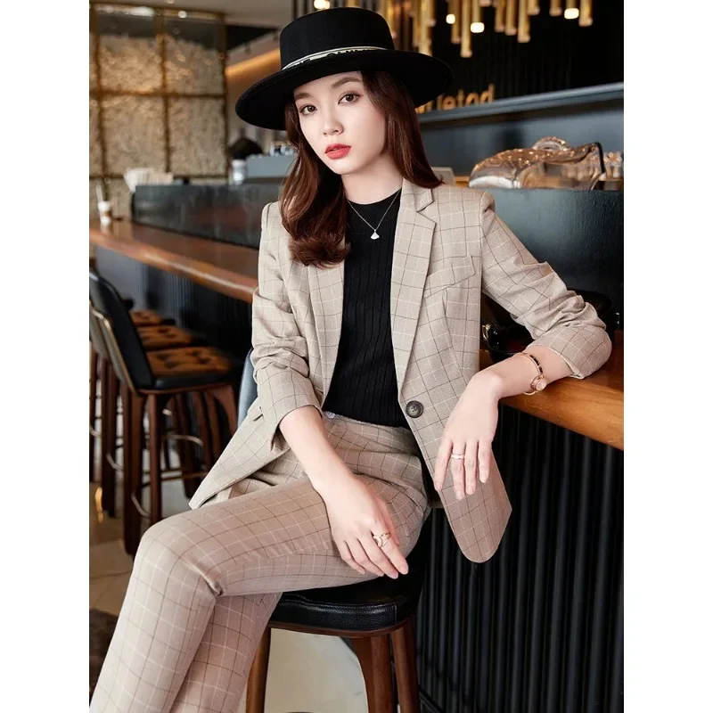 Women Office Ladies Autumn Formal Pant Suit Khaki Blue Plaid Business Interview Work Wear Blazer And Trouser 2 Piece Set