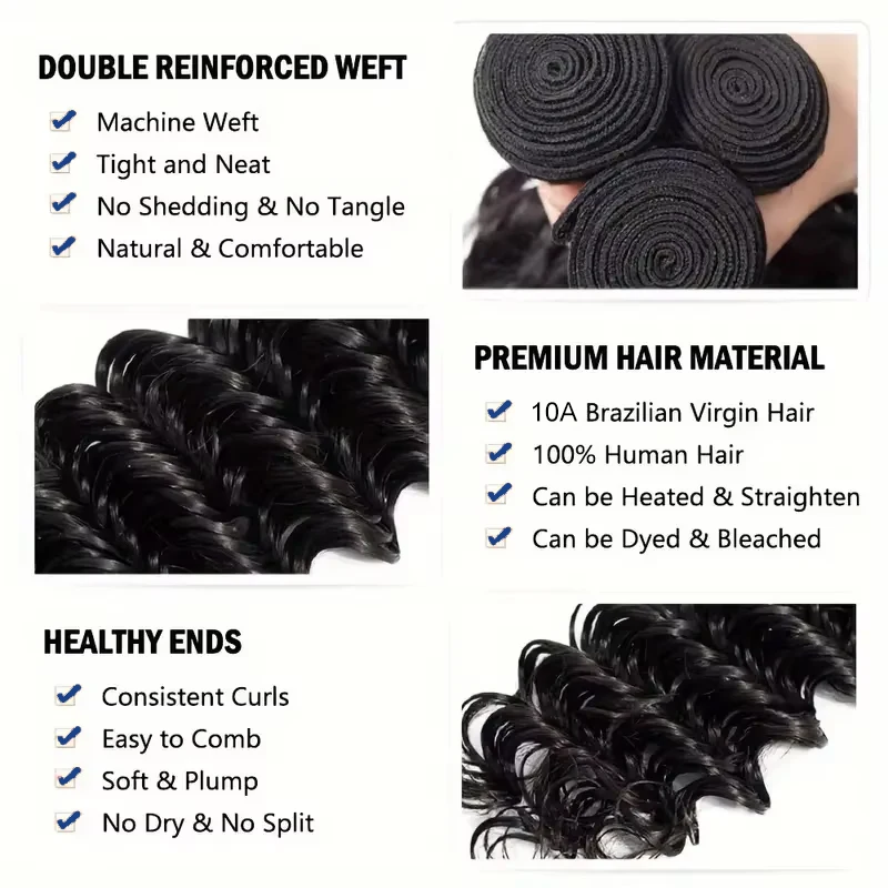 Deep Wave Human Hair Bundles Brazilian Weaving Natural Black 100% Human Hair Loose Deep Wave Hair Extensions Deep Curly Bundles