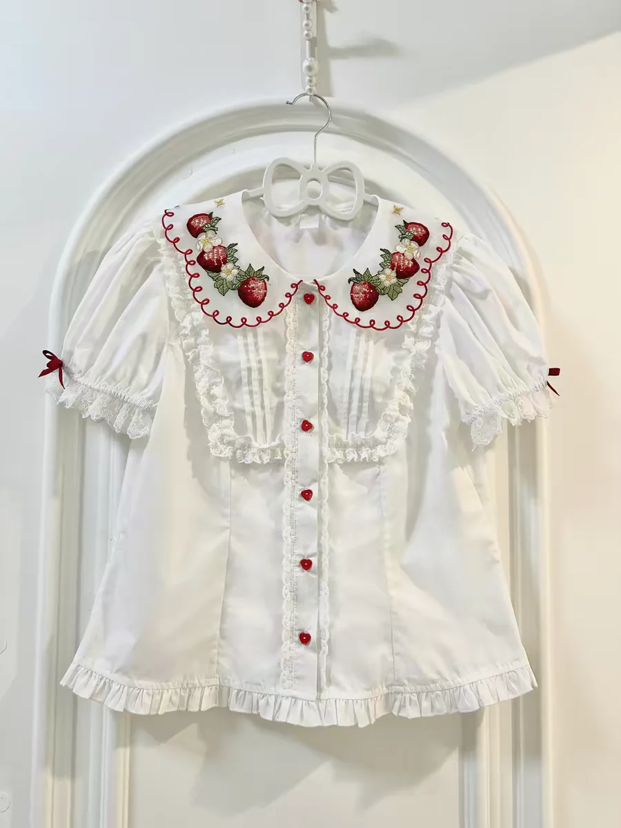 Cute Strawberry Embroidery Short Sleeve Lolita Shirt Inner Wear Doll Collar Blouse Women's Slim Fit Cotton Thin Elastic