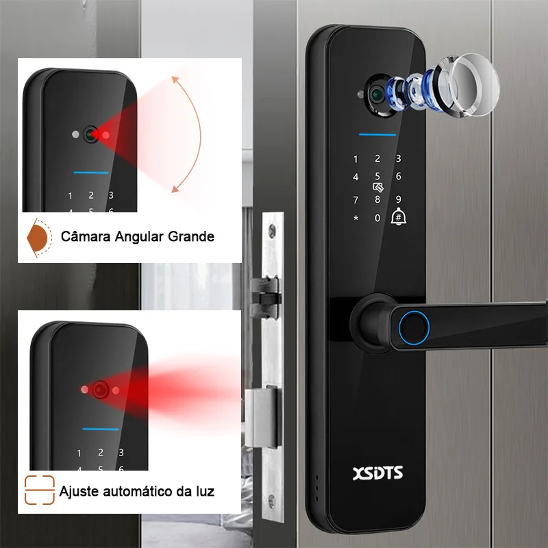 XSDTS Tuya WiFi Câmara Electronic Smart Door Lock, Impressão digital biométrica, Smart Card, Senha, Desbloqueio com chave, USB Emergency Charge