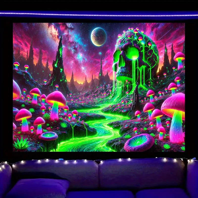 Wandteppich „VIKAMA Psychedelic Alien World“: Grüne Totenköpfe und Pilzwald, Fantasy-Chic, Wohnzimmer-Hintergrund, Wand- und Raumdekoration