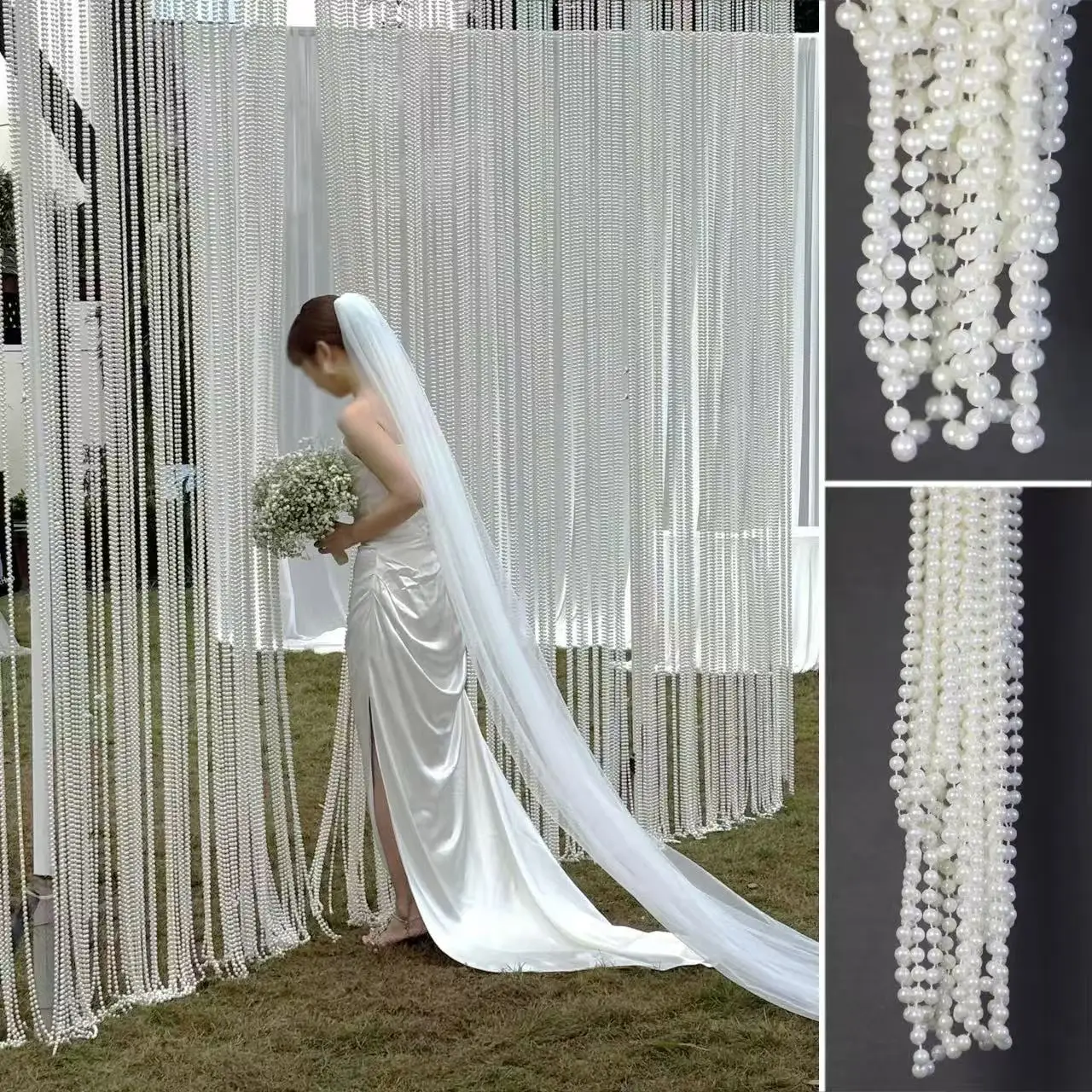 

Luxurious Imitation Pearl Bead Tassel Chain Wedding Decor Korean Style Ceiling Arch Background Wall Sign in Counter Arrange Prop
