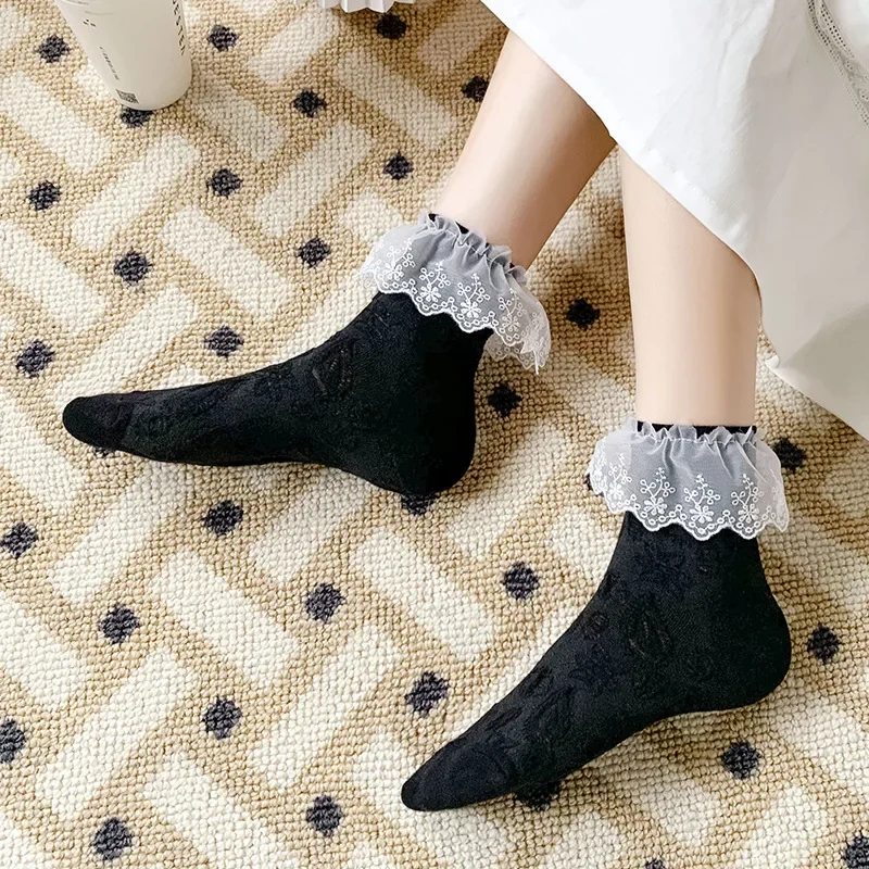 Solid Color Black White Beige Long Socks Women Lolita Lace Ruffle Socks JK Japanese Style Sweet Girls Kawaii Cute Princess Socks