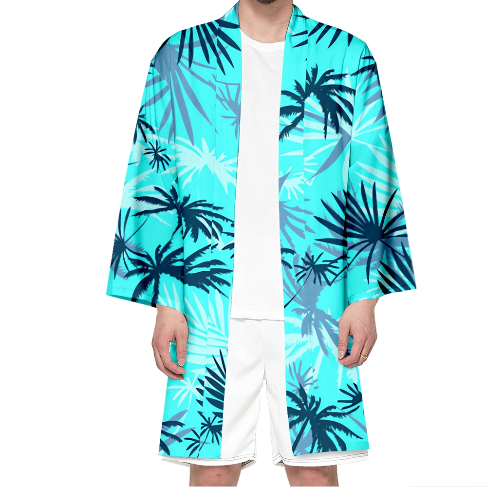 

Men Japanese Long Kimono Cardigan Samurai Costume Kimono Cosplay Women Coconut Tree Kimonos Shirt Casual Yukata Fashion Jacket