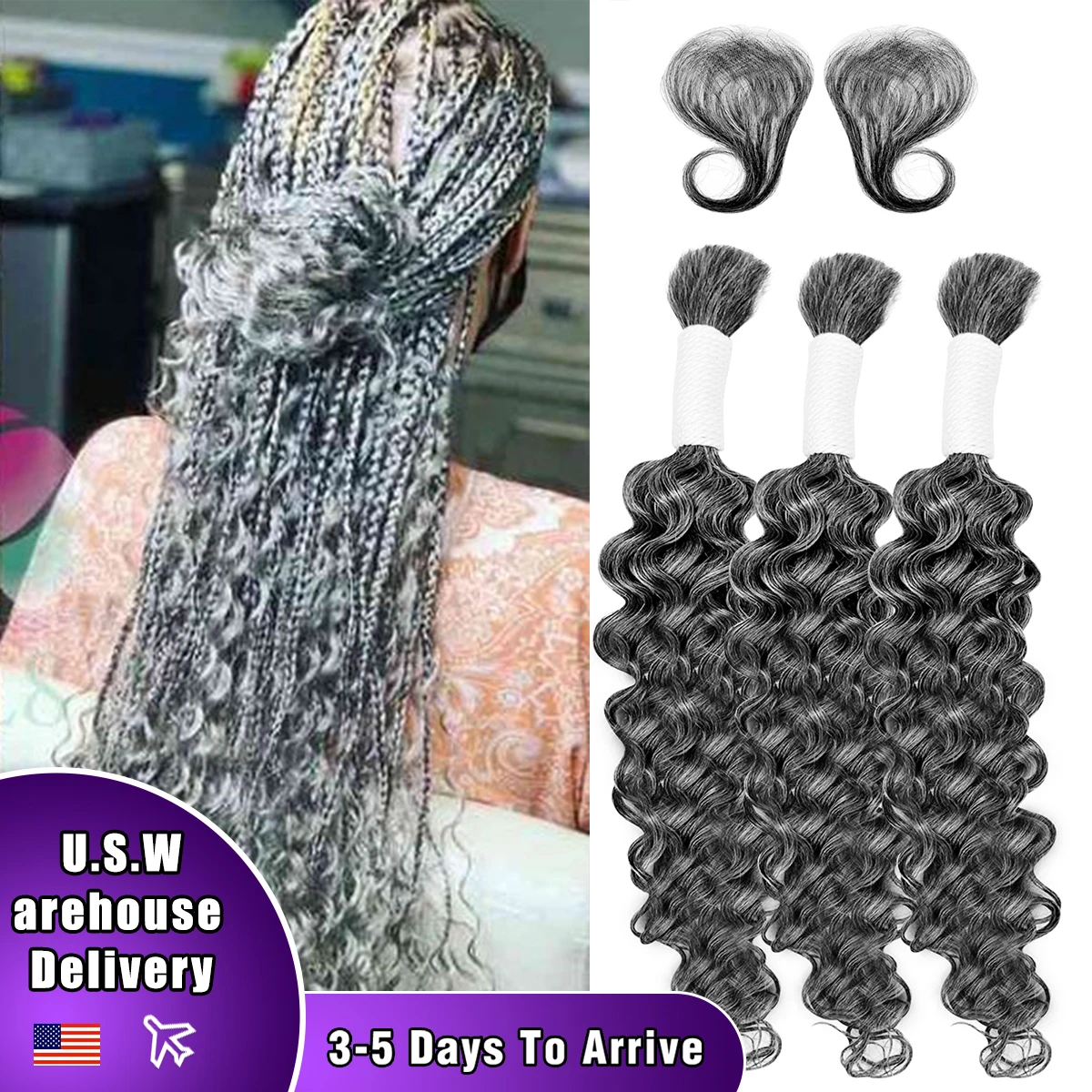 20 Inch Grey Deep Wave Bulk Hair for Braiding Curly Braiding Hair for Boho Braids Curls 150g/Bundles No Weft Boho Braiding Hair