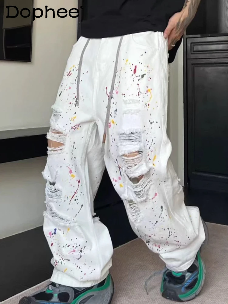 

Men's 2025 Summer New Trendy Personality Splash-ink Hole Design Jeans Loose Versatile Straight Denim Pants Male Denim Trousers