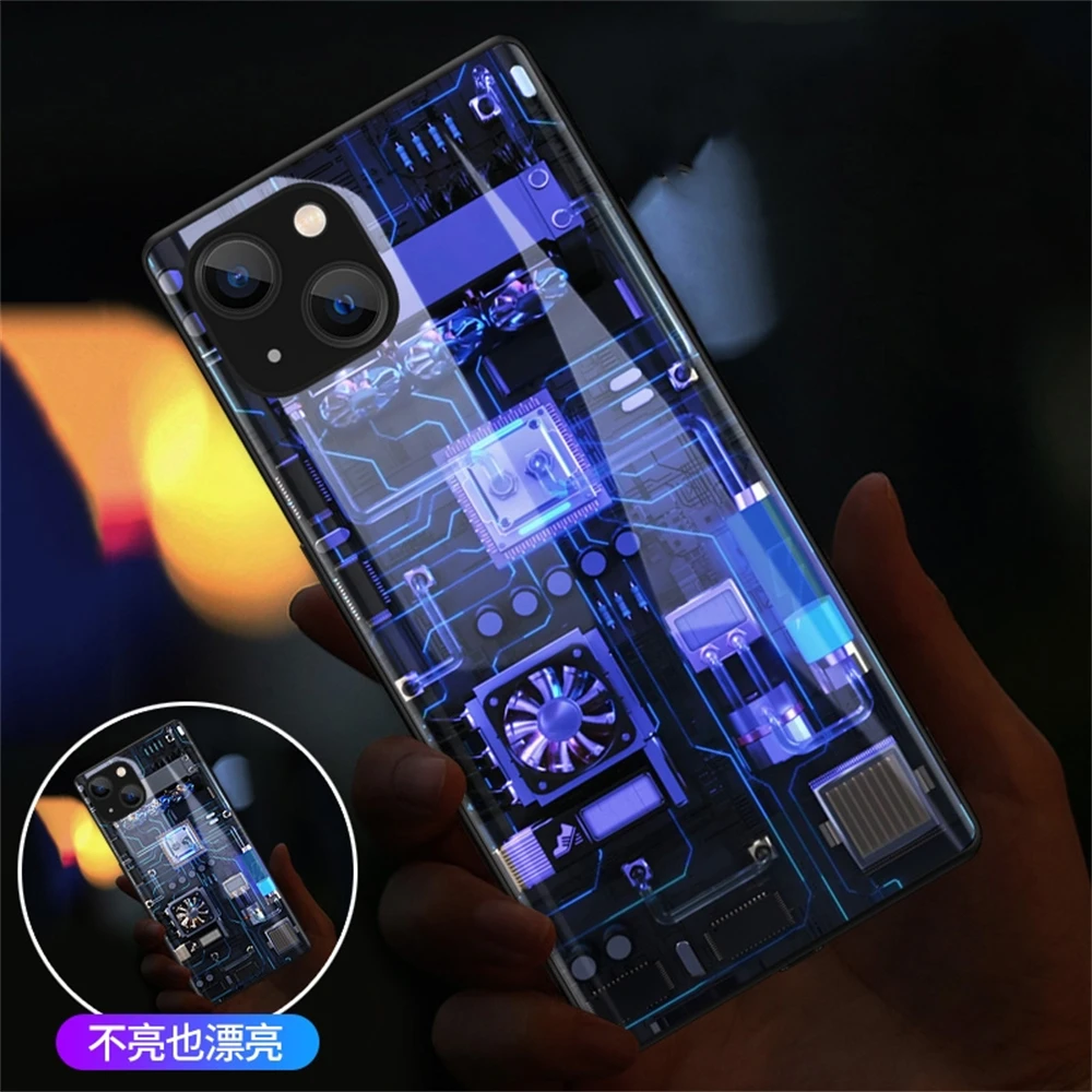 

Blue Circuit Board LED Light Glow Luminous Tempered Glass Phone Case For iPhone 15 14 13 12 11 Pro Max XR XS Plus 6 7 8 SE2020