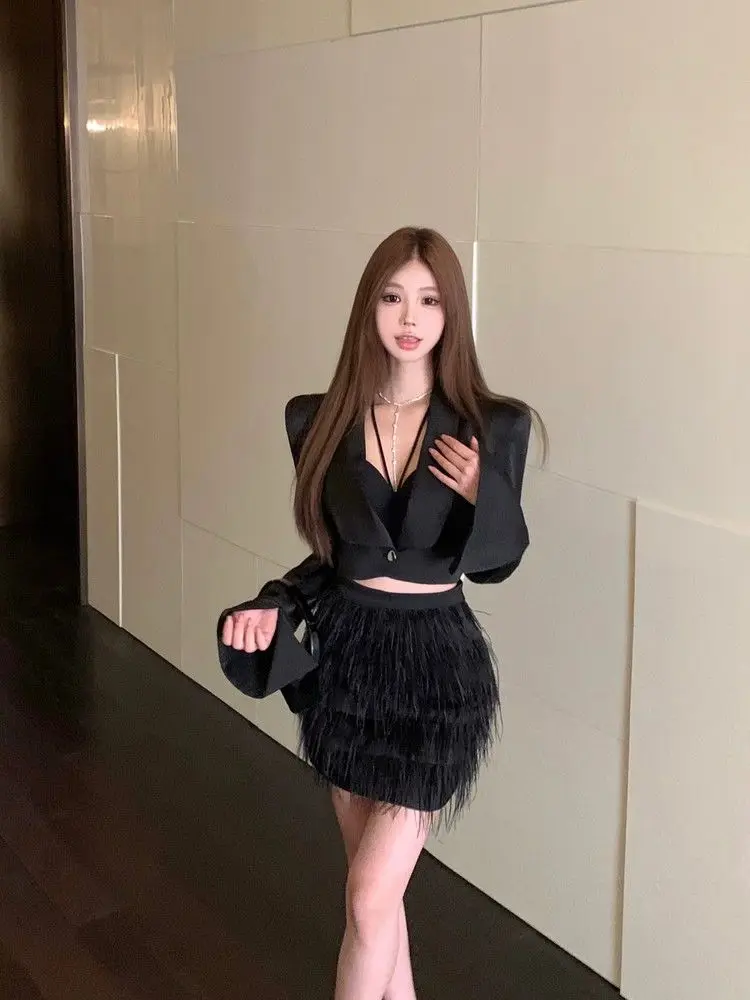 Fashion Black Long Sleeve Coat Women+ Sexy Slim Fit Camisole Vest+ Y2k High Wasit Bodycon Skirts 2024 Autumn New Two Piece Sets