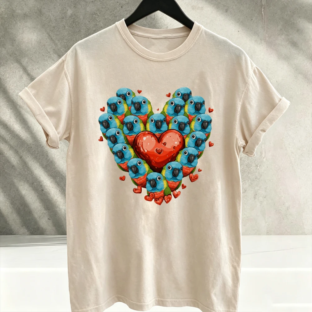 Cute Parrot Love Heart Shape Group Parrots Graphic T‑Shirt Colorful Bird Red Heart Valentine Animal Art Print Soft Cotton Tees