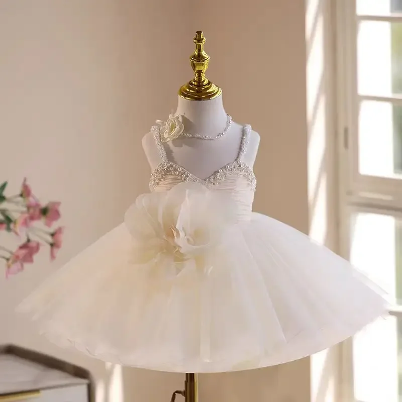 

White Flower Girl Dress Pearls Beading Flowers V-Neck Princess Birthday Wedding Party Children Holiday Ball Gown