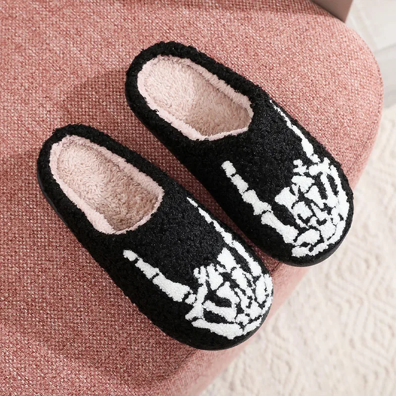 Halloween Skeleton Finger Embroidery Printed Warm Cotton Slippers for Men Women Plush Anti Slip Wear Resistant Couple Slippers