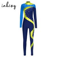 Womens Gymnastics Bodysuit Mock Neck Long Sleeve Unitard Back Hollow Out Shiny Sequins Jumpsuit for Dance Skating Rompers Outfit