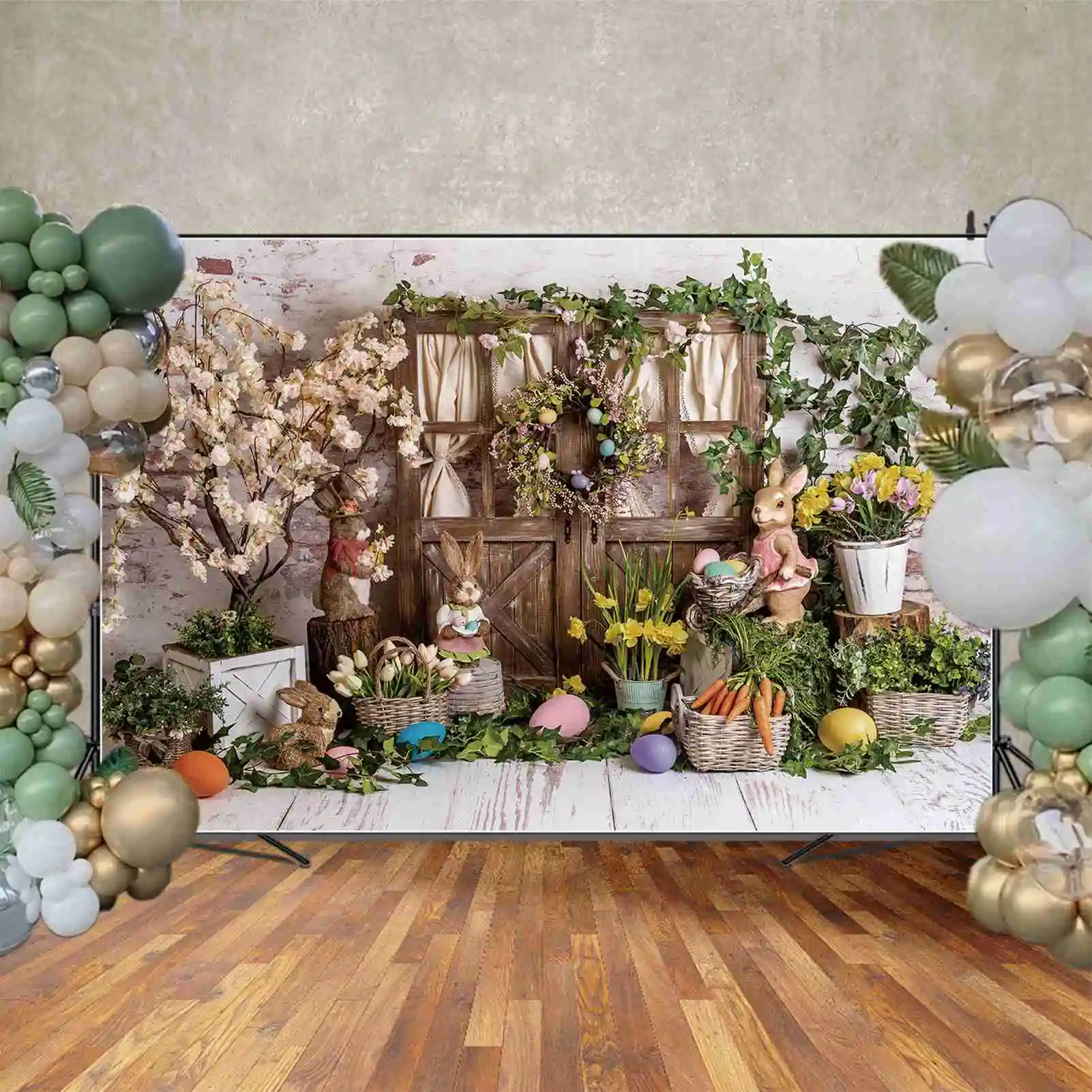 MOON.QG Easter Day Backdrop for Photography Spring Wood Plank Rabbit Bunny Eggs Party Photo Background Children's Shooting Props