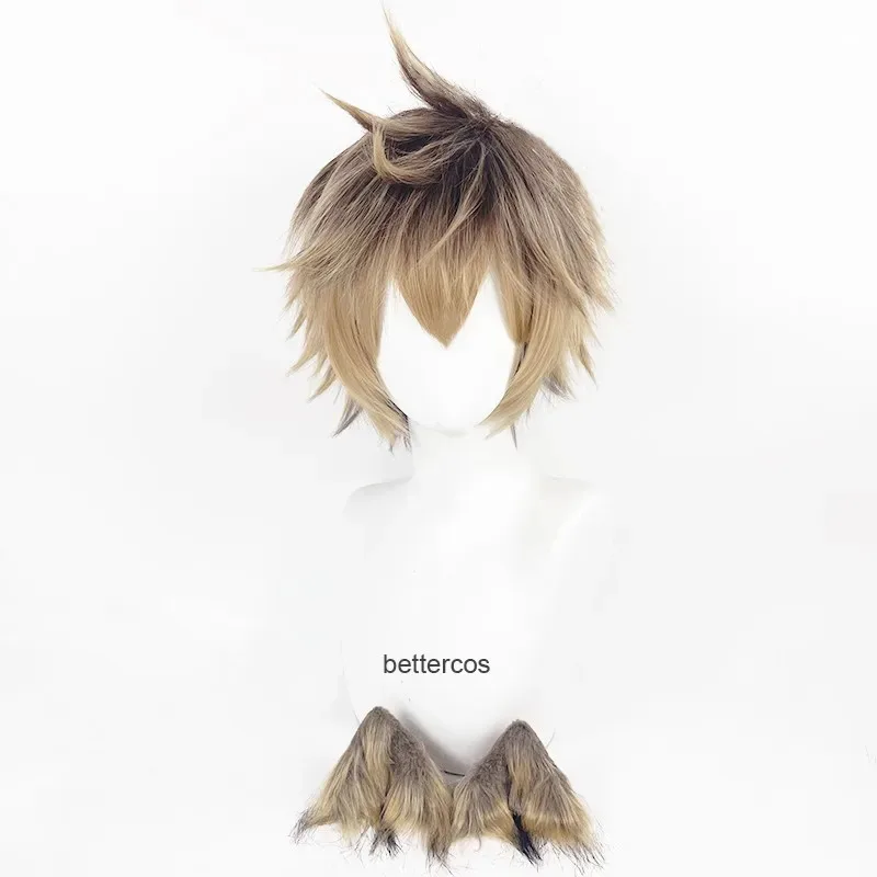 Ruggie Bucchi شعر مستعار تأثيري أنيمي الملتوية العجائب قصيرة براون شعر مستعار مقاومة للحرارة بيروكات صناعية + آذان